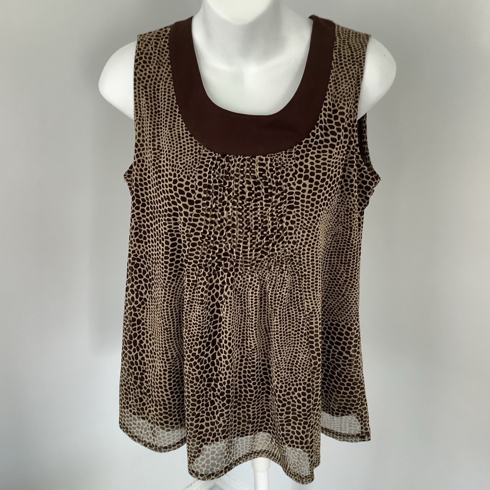 Rafaella Brown Animal Print Sleeveless Babydoll Blouse Sz. Small